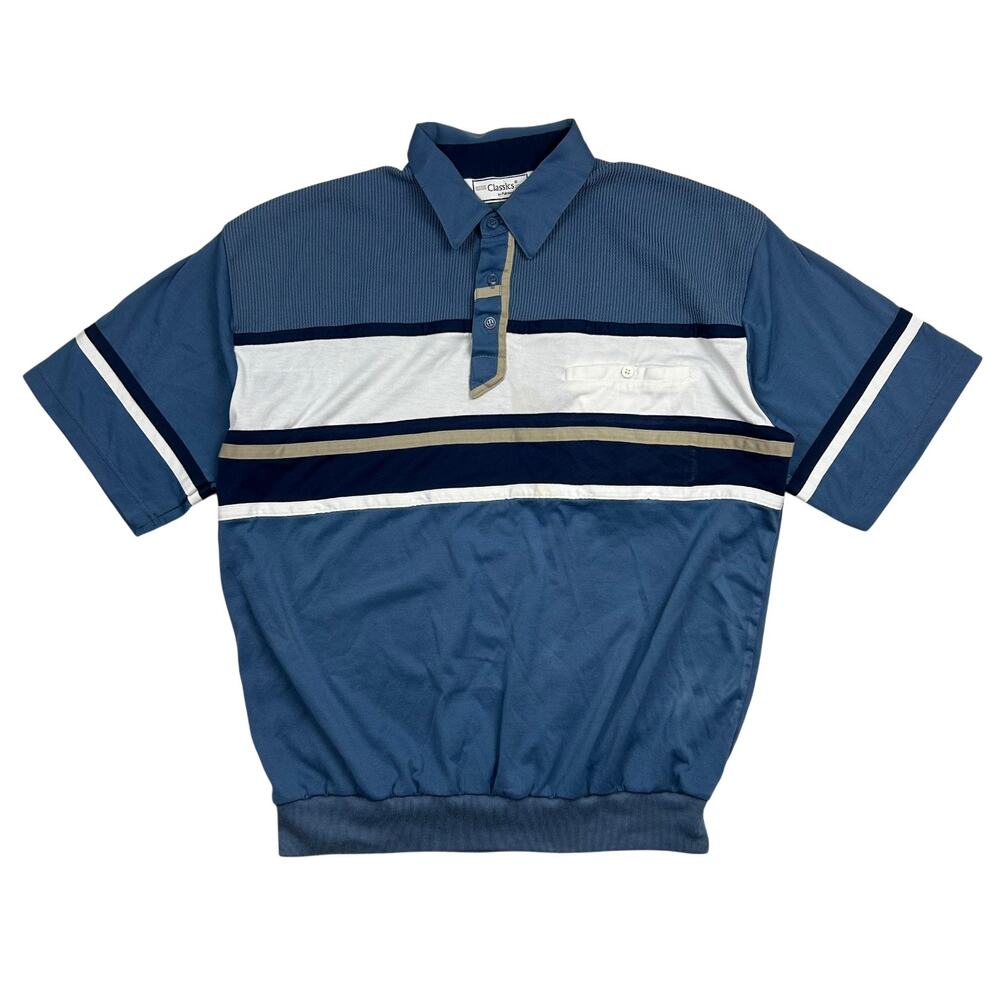 Classics by Palmland Polo Shirt Mens Large Blue Striped Retro Golf Ribbed Hem